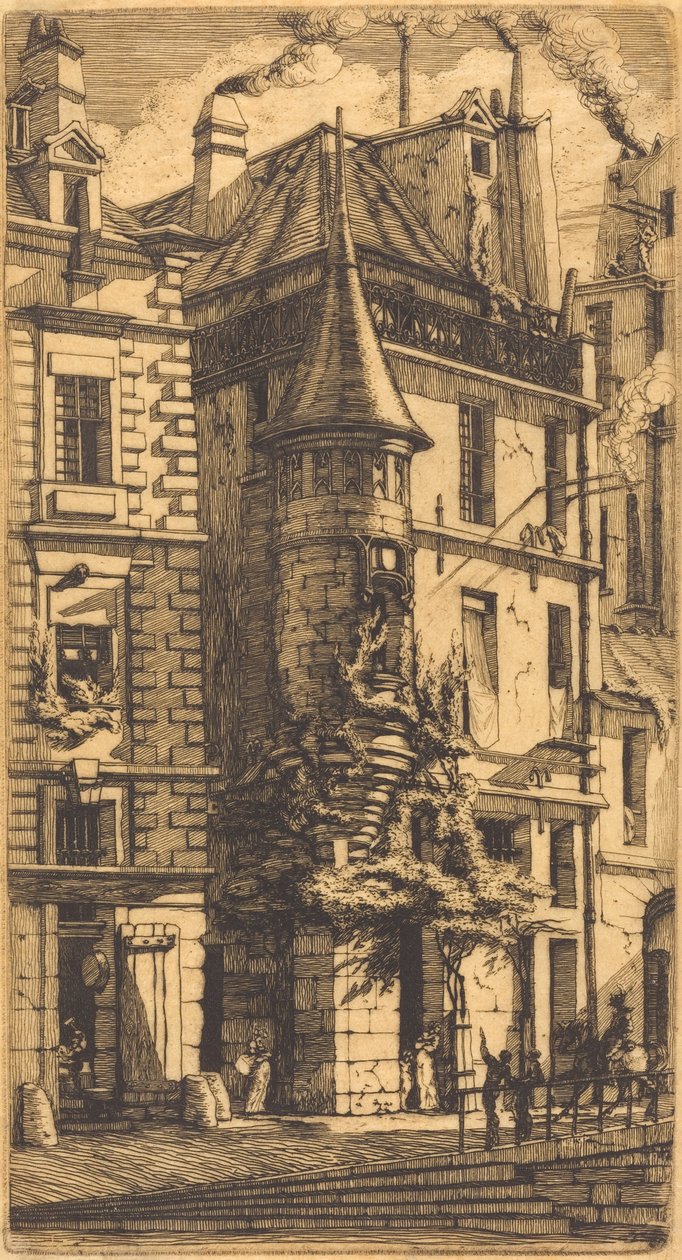 Turret i Rue de la Tixéranderie, Paris (Hus med et tårn, Weavers' Street, Paris) av Charles Meryon