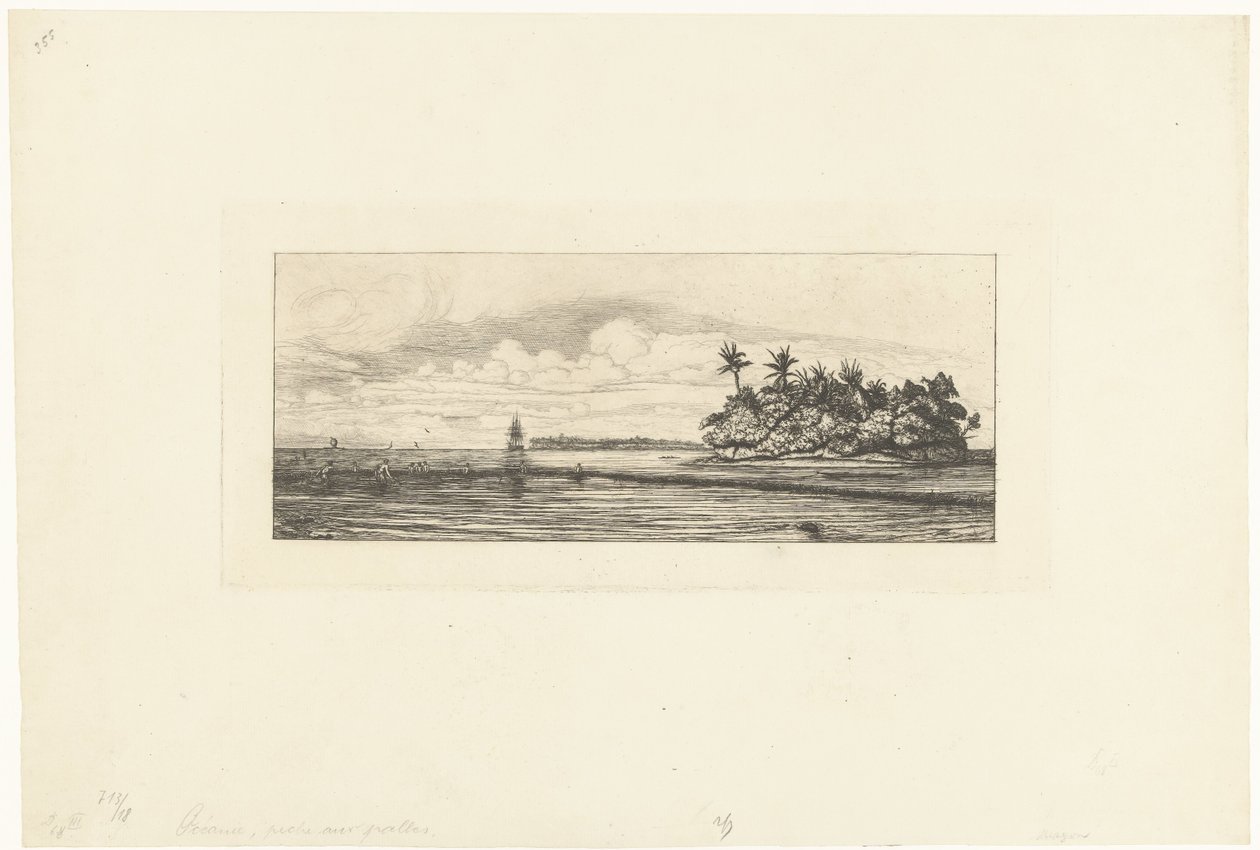 Fiskere ved Wallisøyene i Stillehavet Oceanie: Ilots a Uvea (Valais) peche aux palmes av Charles Meryon