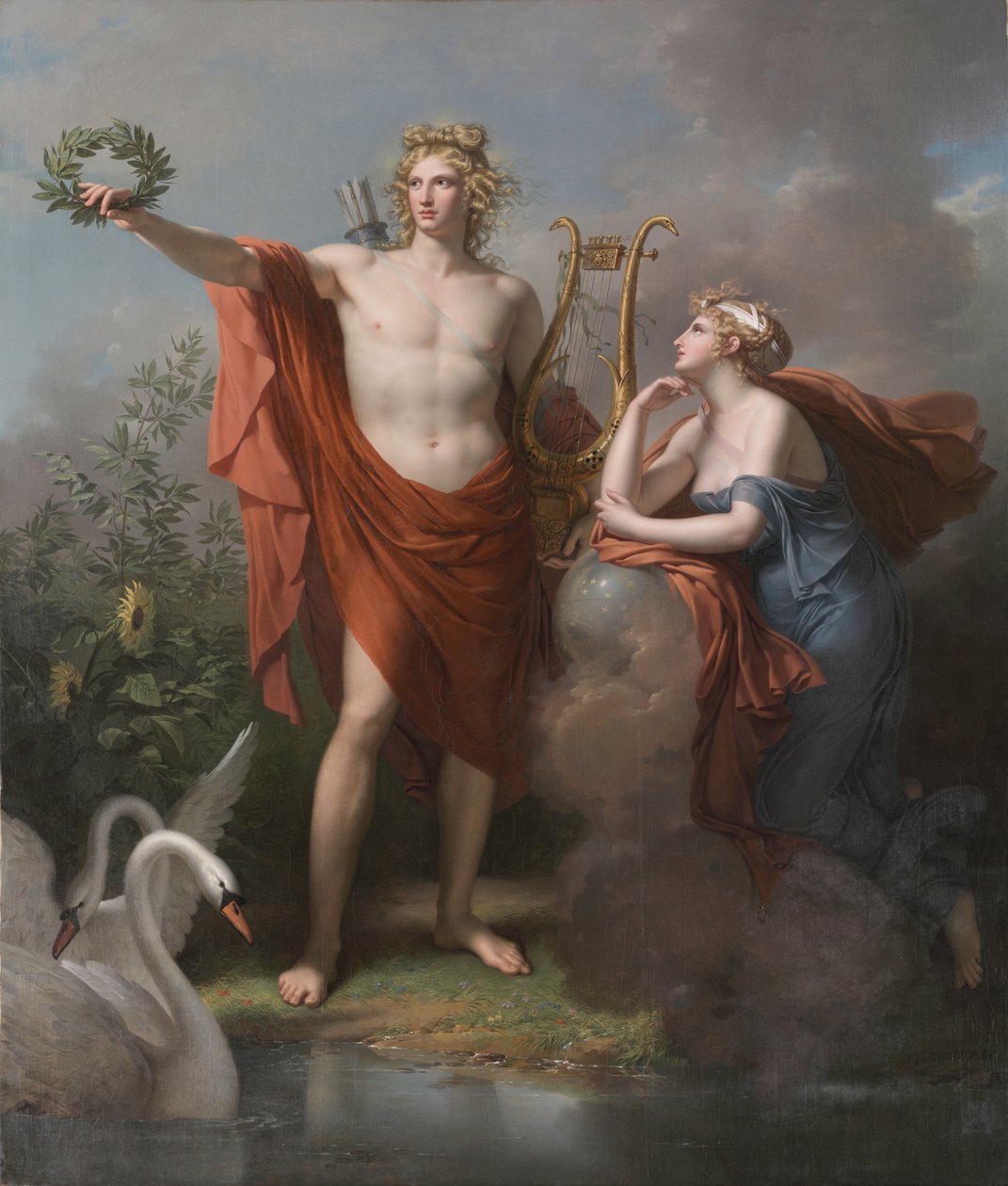 Apollo, gud for lys, veltalenhet, poesi og kunst med Urania, Muse of Astronomy av Charles Meynier