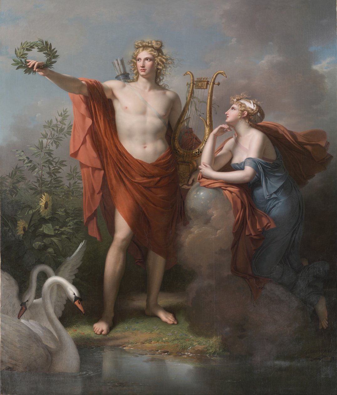 Apollo, gud for lys, veltalenhet, poesi og kunst med Urania, Muse of Astronomy, 1789 av Charles Meynier