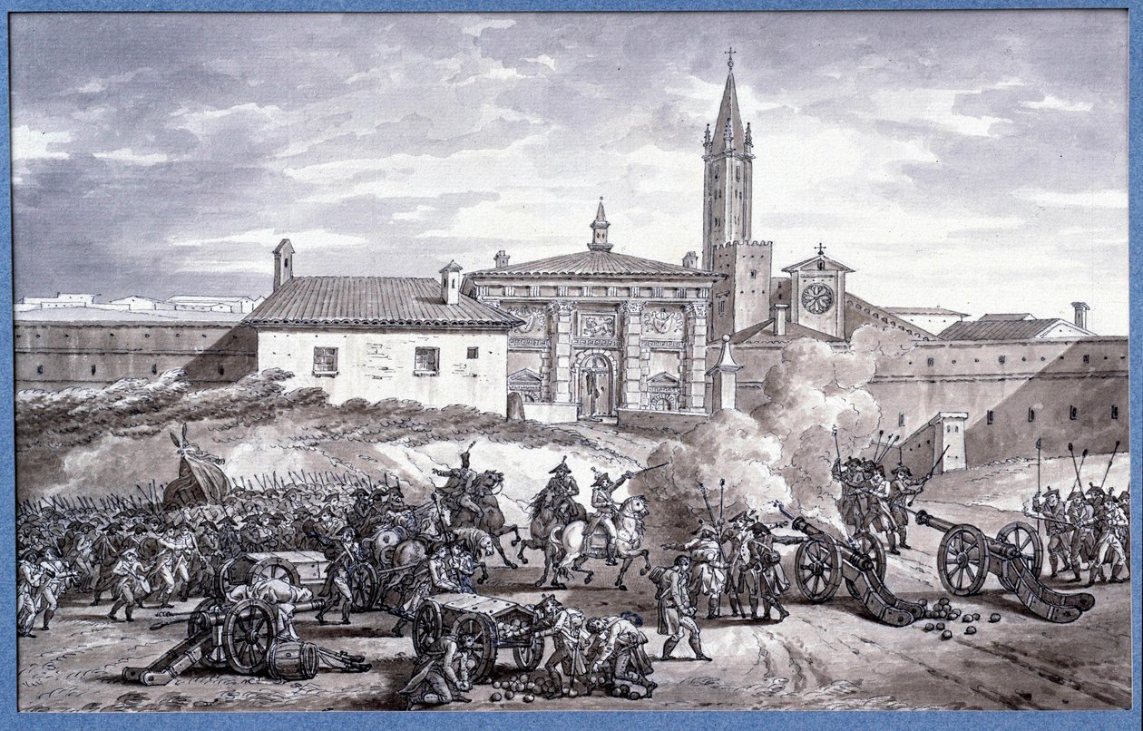 Kampanjer i Italia: "" Napoleon Bonaparte (1769-1821) og marechal Augereau satte en dør til Verona i Italia med en kanon i 1796""" Tegning i pennen tilskrevet Charles Meynier (1768-1832). Dim. 0,25x0,4 m. Paris, Louvre-museet av Charles Meynier