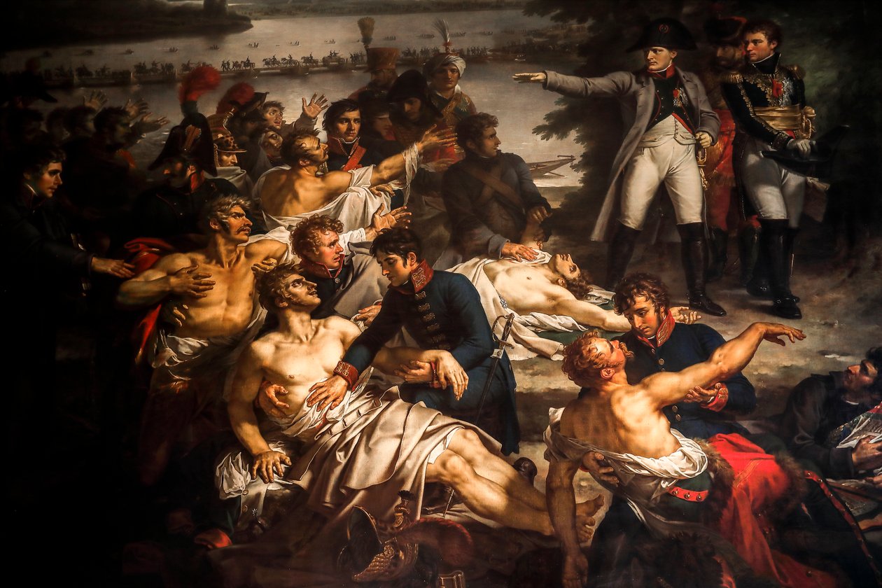 Napoleon besøker de sårede soldatene på Lobau-øya av Charles Meynier