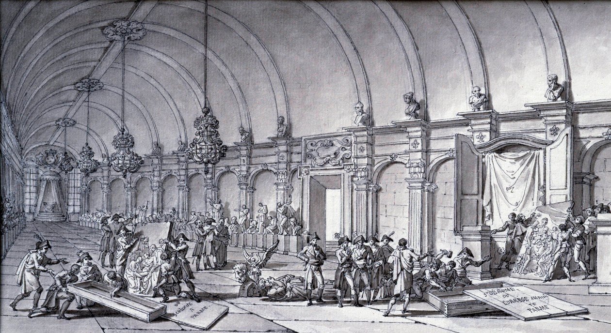 Plyndring av kunstverk under Napoleon Bonaparte: "Madonnaen av Correge (Antonio Correggio) ble tatt fra akademiet i Parma og overlevert til de franske kuratorene i mai 1796". Tegning med kinesisk blekk av Charles Meynier (1768-1832). Dim. 0,17x0,32 m av Charles Meynier