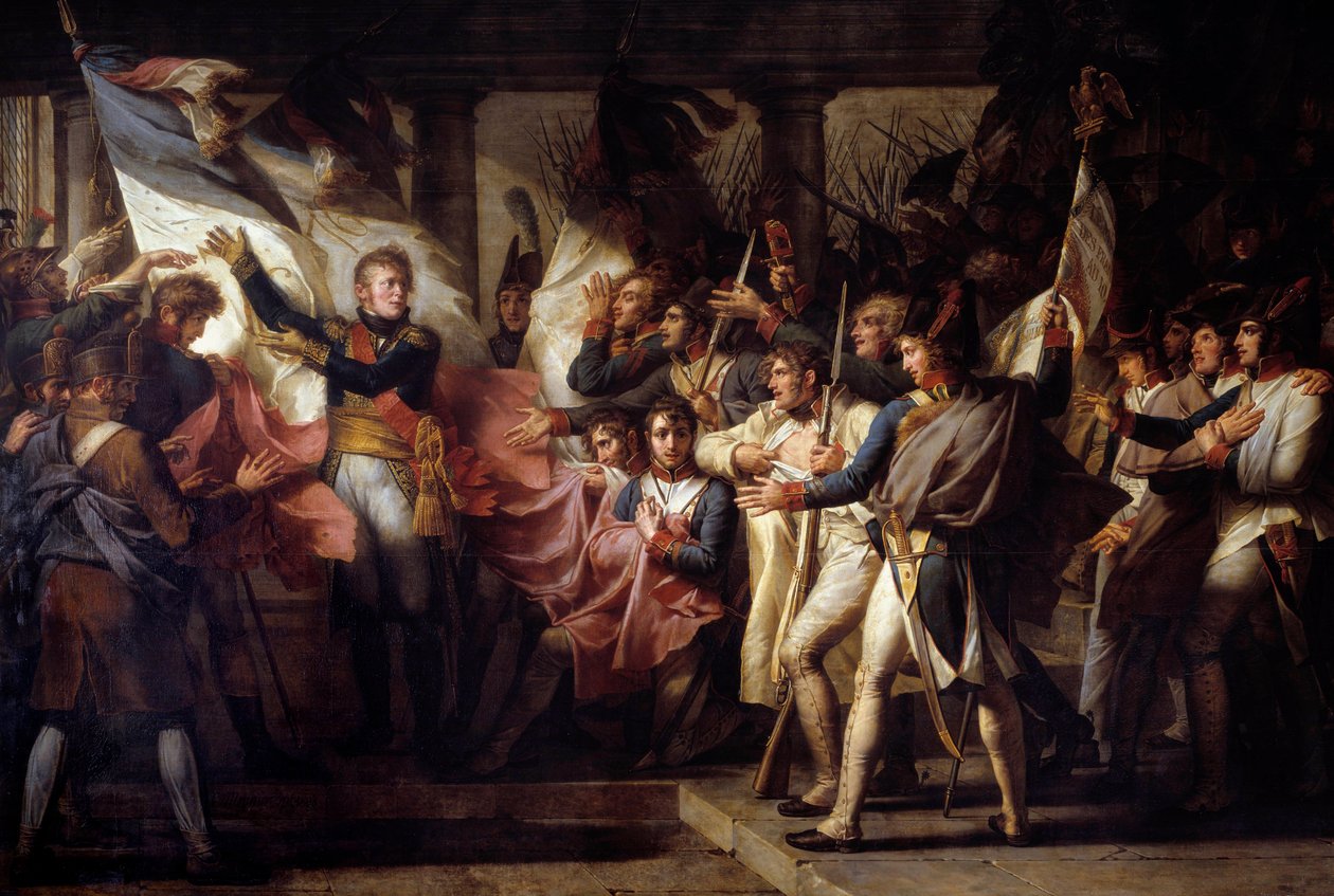 Marechal Michel Ney (1769-1815) overleverte til soldatene fra det 76. linjeregimentet, flaggene deres ble funnet den 7.11.1805 episode etter slaget ved Elchingen mellom Napoleonshæren og Østerrike. Maleri av Charles Meynier (1768-1832) 1808 Søn. 3 av Charles Meynier