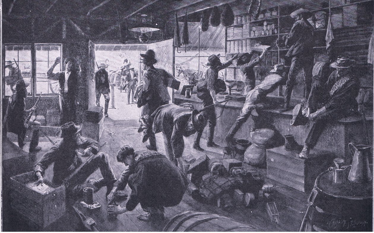 Boere som plyndrer en butikk i Grange River-eiendommen, illustrasjon fra After Pretoria: The Guerilla War, 1902 av Charles Mills Sheldon