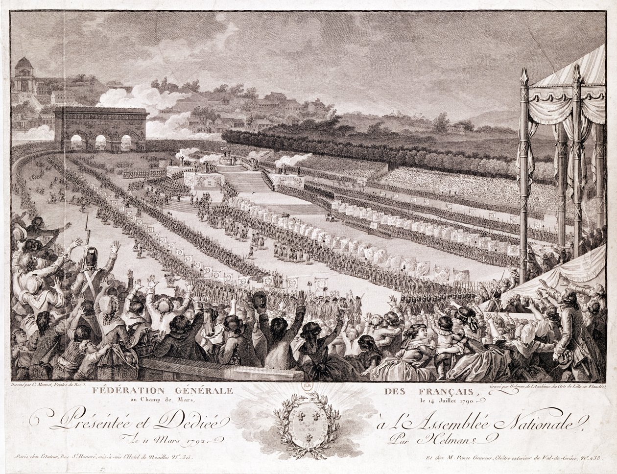 Festival of the Federation, 14. juli 1790, på Champ de Mars, sent på 1700-tallet, gravert av Isidore Stanislas Helman (1743-1809) av Charles Monnet