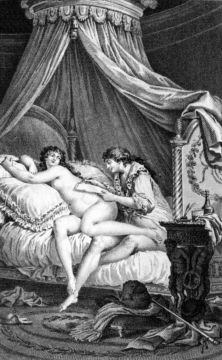 Illustrasjon for "" Les Liaisons dangereuses"" av Choderlos de Laclos. Gravering av Charles Monnet (1732 - 1808): Valmont skriver et brev på baksiden av Emilie (en kurtisane). av Charles Monnet