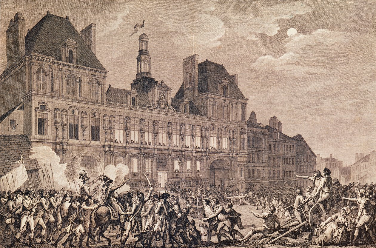 Robespierre, Saint-Just, Couthon og Hanriot tar tilflukt i Hotel-de-Ville i Paris, 9. Thermidor år II (27. juli 1794) 1800 av Charles Monnet