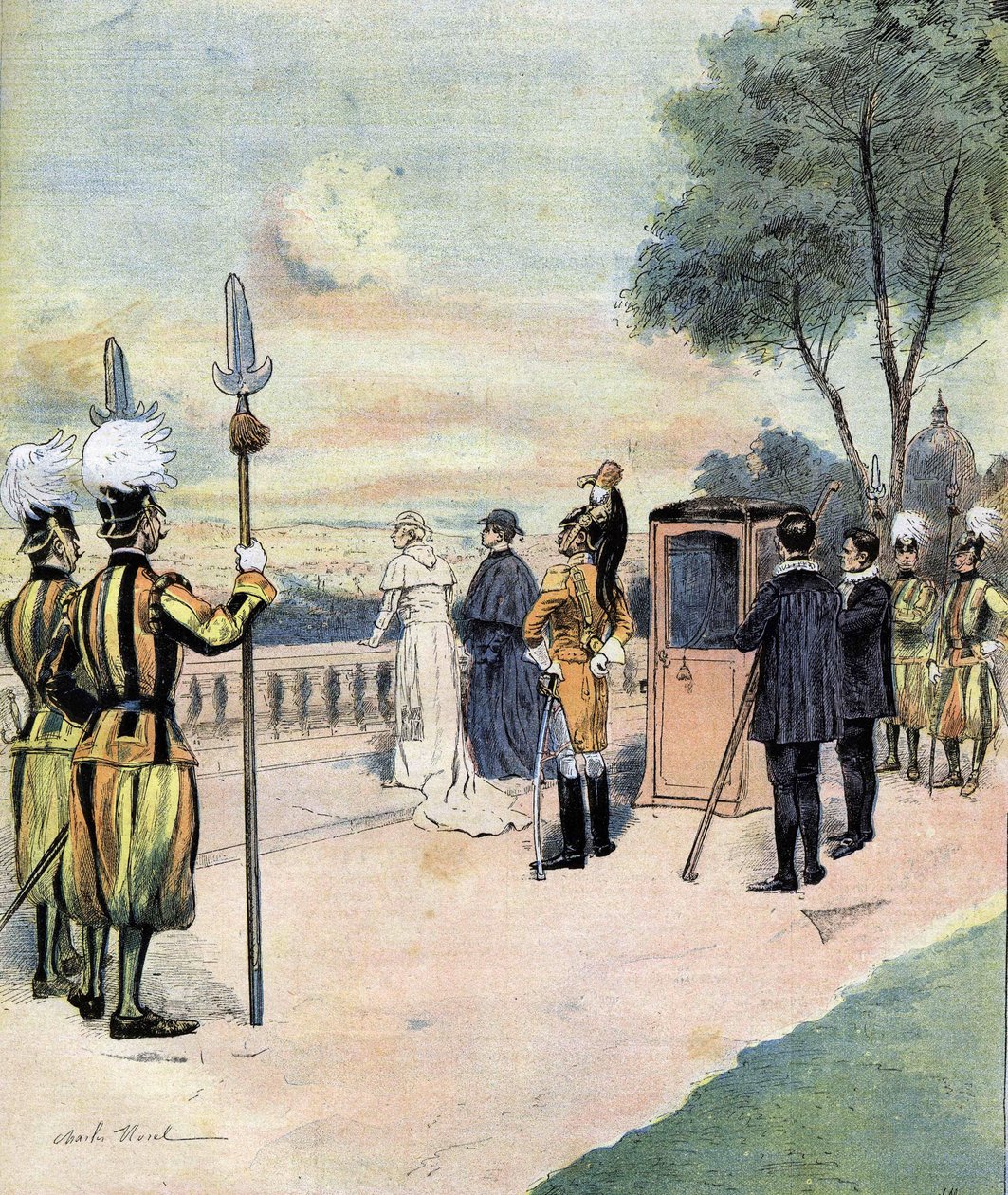 Pave Leo XIII i Vatikanhagen i 1893 tegning av Mr. CH Morel av Charles Morel