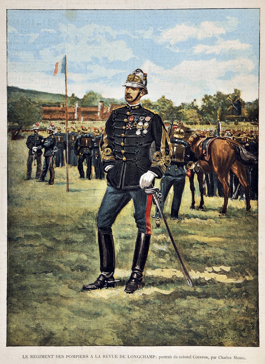 The Fire Regiment has the Longchamps magazine (Portrait of Colonel Couston), illustration by Charles Morel (1861-1908). Engraving from 1887 in “” Paris-Illustrous journal weekly””. av Charles Morel