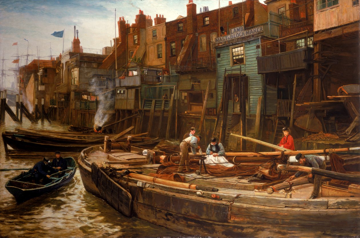 London River - The Limehouse Barge-Builders, 1877 av Charles Napier Hemy