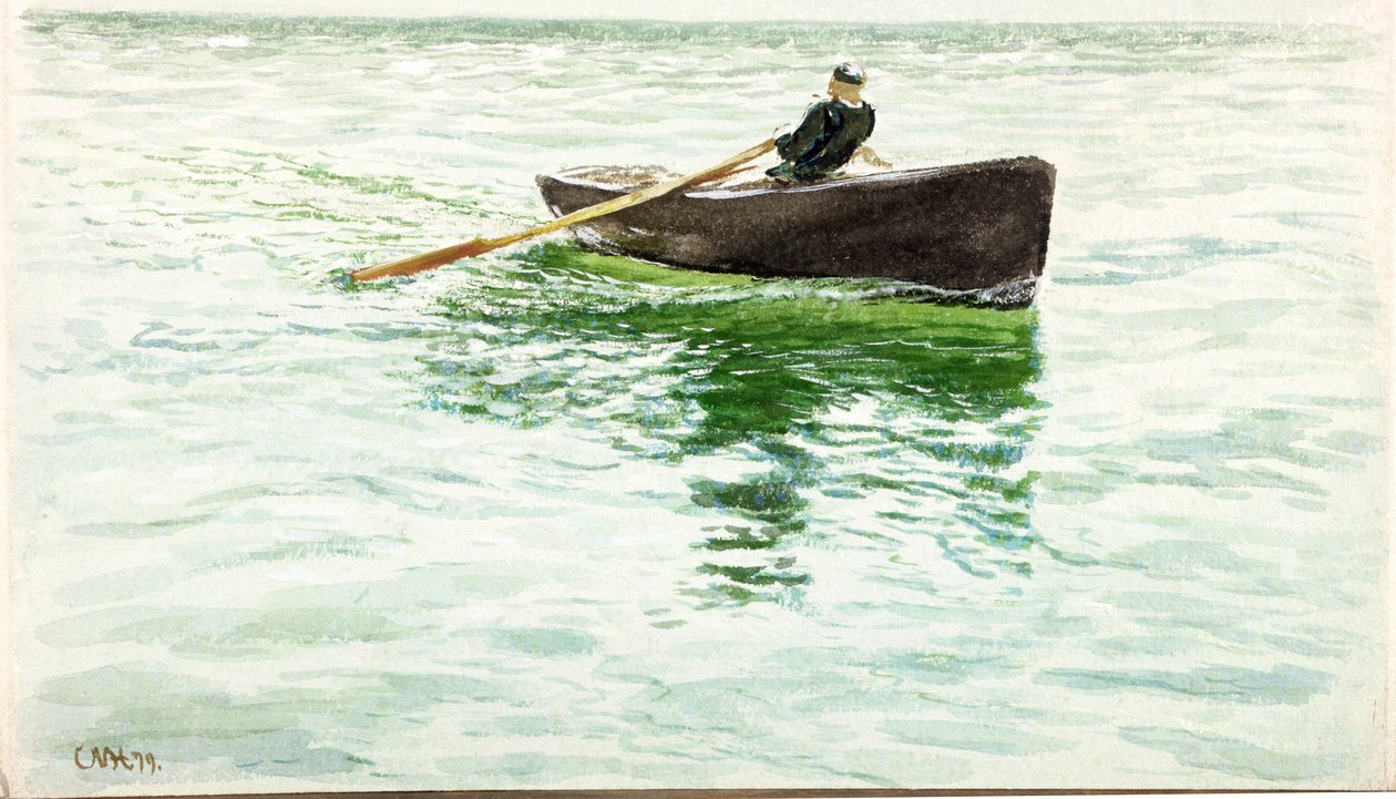 Mann som ror jolle (kroppsfarge og akvarell på papir) av Charles Napier Hemy