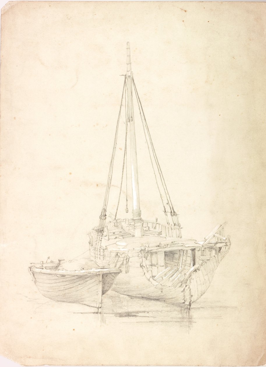 Gammel fiskebåt og jolle (kroppsfarge og blyant på papir) av Charles Napier Hemy