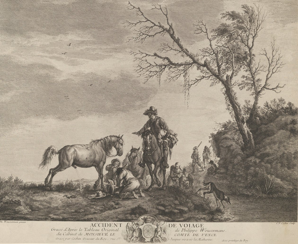 En ulykke på reise, en knelende mann som fikser en ødelagt sal, en hest som pisser på ..., 1740-50. av Charles Nicolas Cochin
