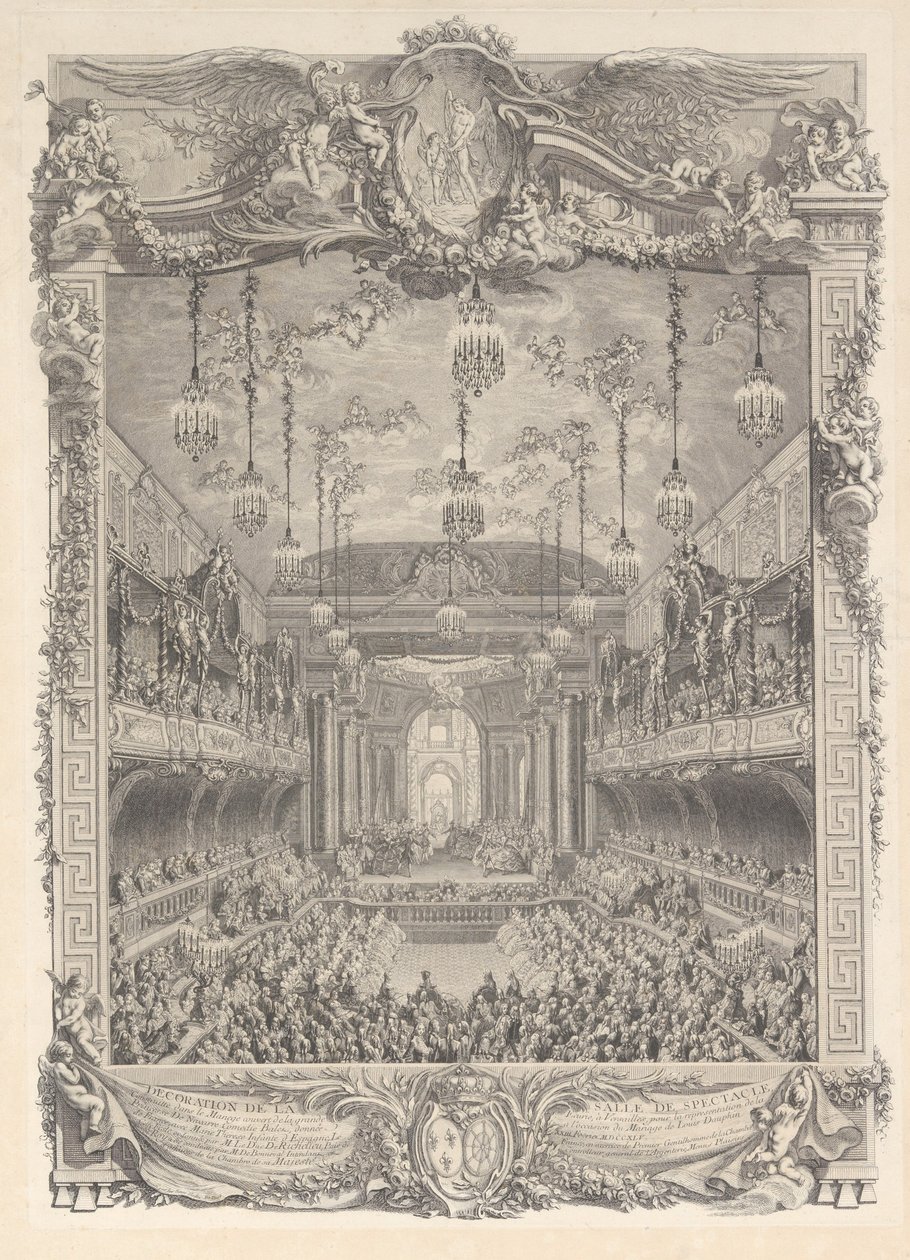 Utsmykning av auditoriet bygget i Versailles for fremføring av ..., ca. 1745. av Charles Nicolas Cochin