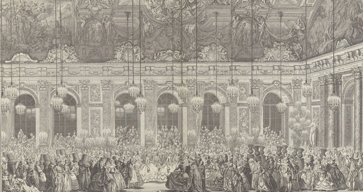 Dekorasjon til et maskeball i Versailles, i anledning t..., ca. 1860-opptrykk av 1764-plate. av Charles Nicolas Cochin