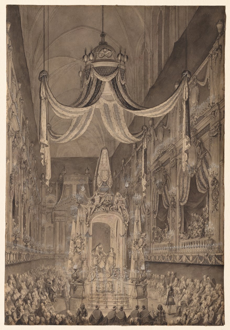 Begravelse for Marie-Thérèse av Spania, Dauphine av Frankrike, i kirken Nôtre Dame, Paris, 24. november 1746 av Charles Nicolas Cochin