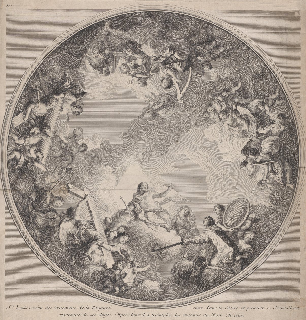 Saint Louis presenterer sitt sverd til Kristus, etter et takdesign, 1755-90. av Charles Nicolas Cochin