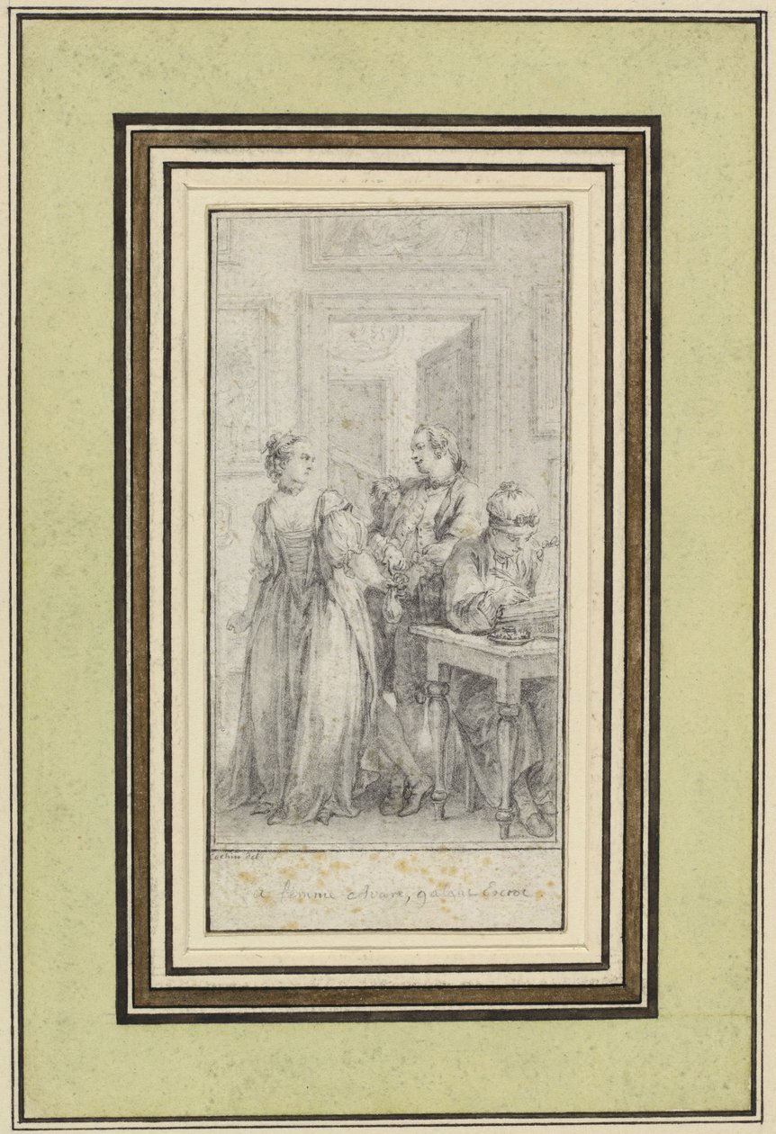 Åttende dag, første historie, Madonna Ambruogia gir mannen sin de to hundre florinene hun ble gitt av Gulfardo som betaling for hennes tjenester av Charles Nicolas Cochin II