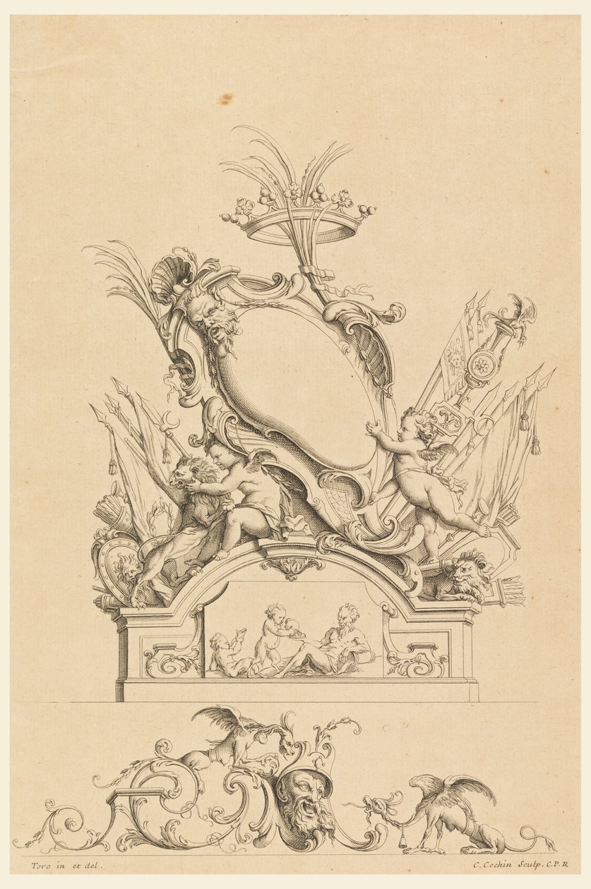 Design for Cartouche with Crown, Two Putti Serving Bacchus og Two Lions fra "Cartouches Nouvellement Inventez" av Charles Nicolas Cochin the younger