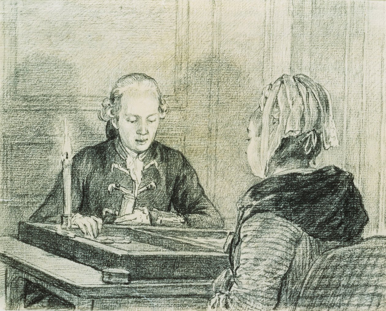 Et sittende par, damen sett bakfra, spiller Backgammon ved levende lys av Charles Nicolas II Cochin