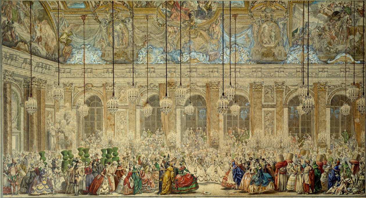 Ballmaske eller ball av Ifs gir til bryllupet til Louis Dauphin av Frankrike (1729-1765) med Marie Therese (Marie-Therese) fra Spania i Glace Gallery i Versailles i februar 1745 Tegning med penn og blekk av Charles Nicolas Cochin le Jeune (1715-1790) av Charles Nicolas II Cochin