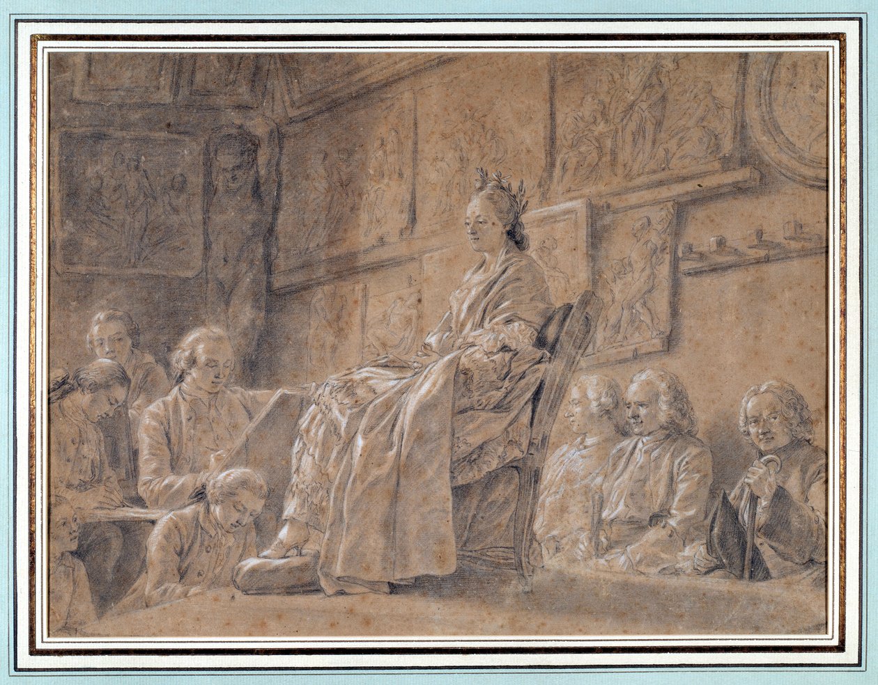 Konkurranse om å ta uttrykkssjefen Ulike kunstnere i verksted som portretterer en modell sittende på en lenestol. Tegning av Ch. Nicolas Cochin (1715-1790) 1763 Paris. Carnavalet museum av Charles Nicolas II Cochin