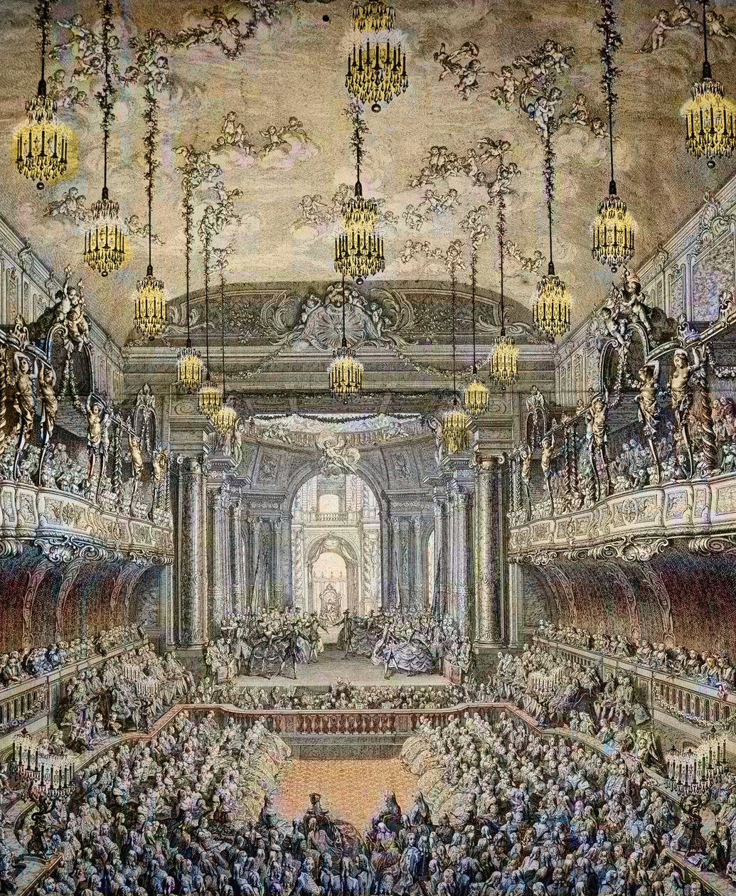 Representasjon av ballettkomedien «La Princesse de Navarre»» i Versailles, i anledning ekteskapet til Louis Dauphin av Frankrike med Marie Therese (Marie-Therese) fra Spania (1726-1746) i Versailles 23. februar av Charles Nicolas II Cochin
