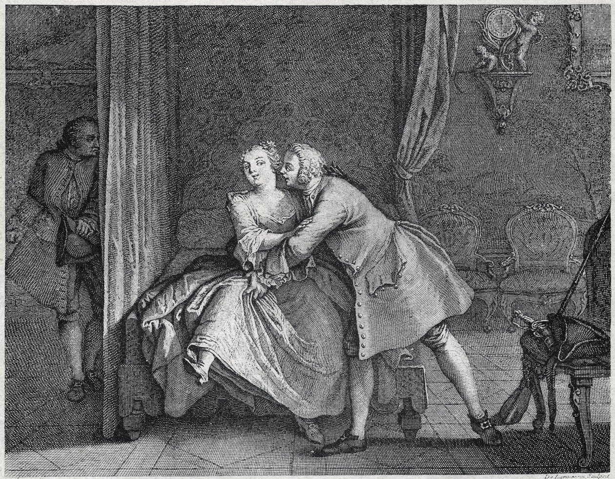 Øremakeren og formhylleillustrasjonen for Les contes de La Fontaine, ca. 1743”. gravering av Charles-Nicolas Cochin (1715-1790). av Charles Nicolas II Cochin