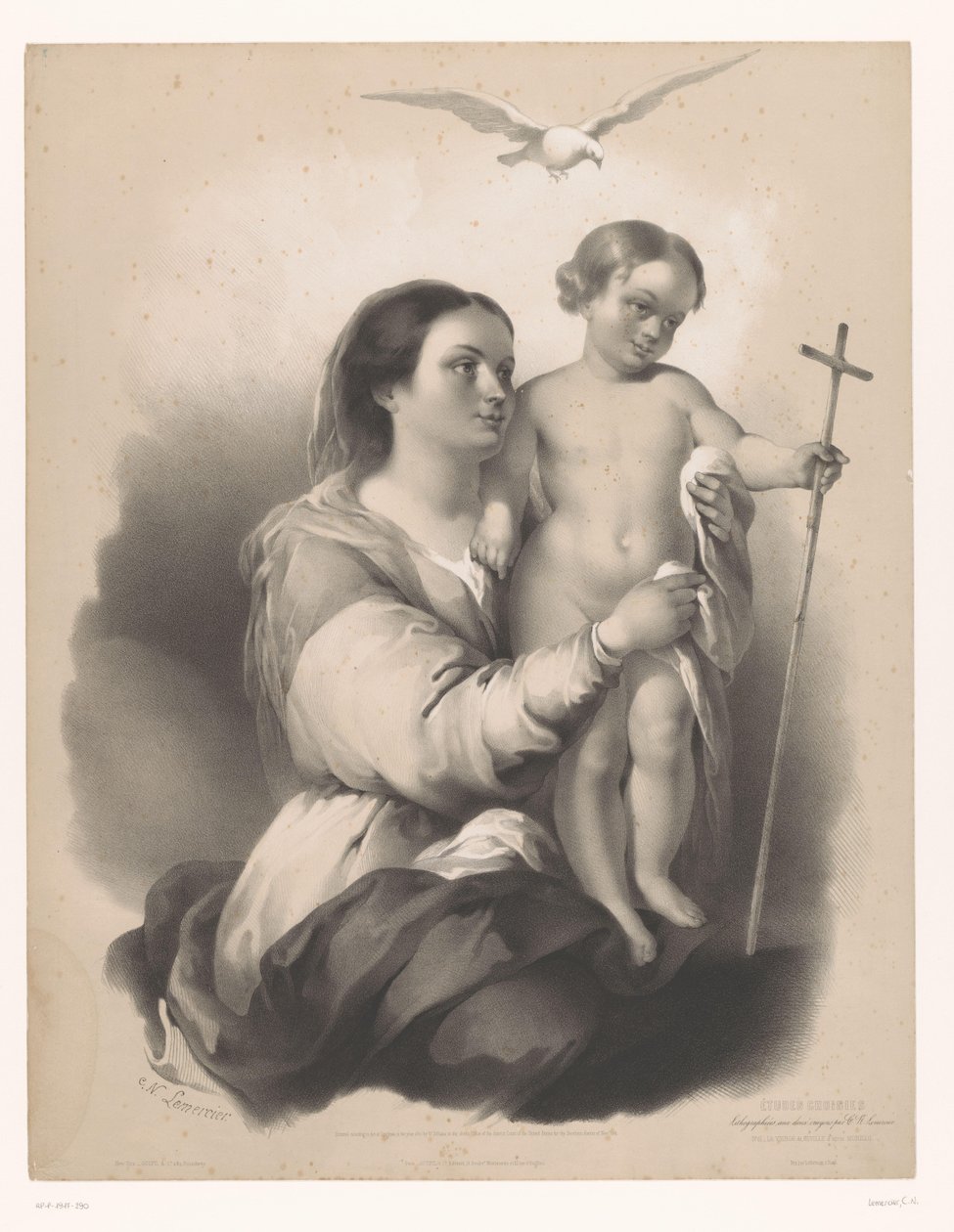 Madonna med et stående barn på fanget La Vierge de Seville (tittel på objekt) Studier av utvalgte artister (serietittel) Etudes choisies (serietittel på objekt) av Charles Nicolas Lemercier