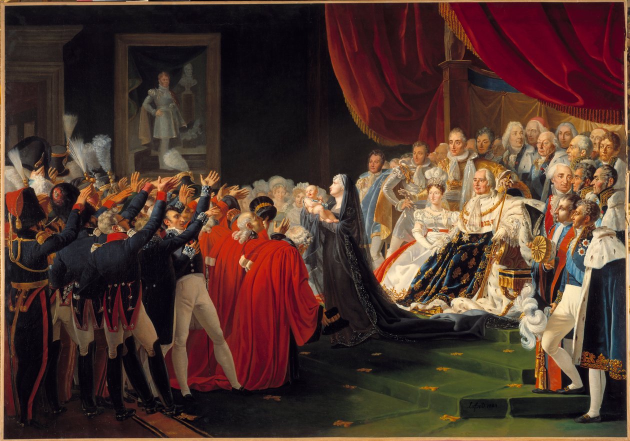 Hertuginnen av Berry presenterer sønnen hertugen av Bordeaux for folket og hæren: Marie Caroline de Bourbon Sicilia, hertuginne av Berry, presenterer sønnen hertugen av Bordeaux for folket og for hæren i nærvær av kong Louis XVIII, omgir av Charles Nicolas Raphael Lafond
