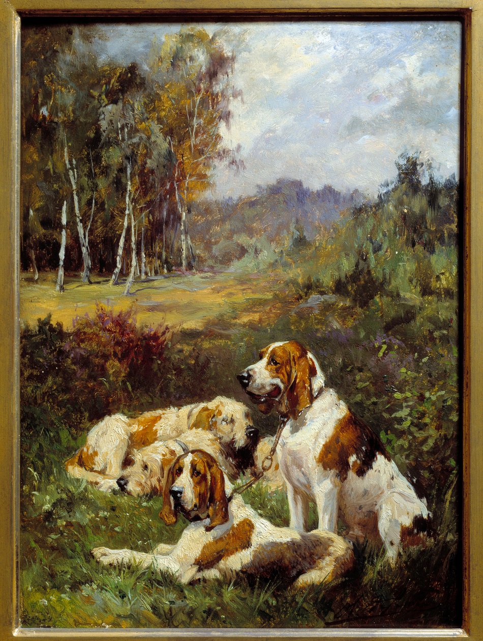 Fire jakthunder. Maleri av Charles Olivier De Penne (1831-1897) av Charles Oliver de Penne