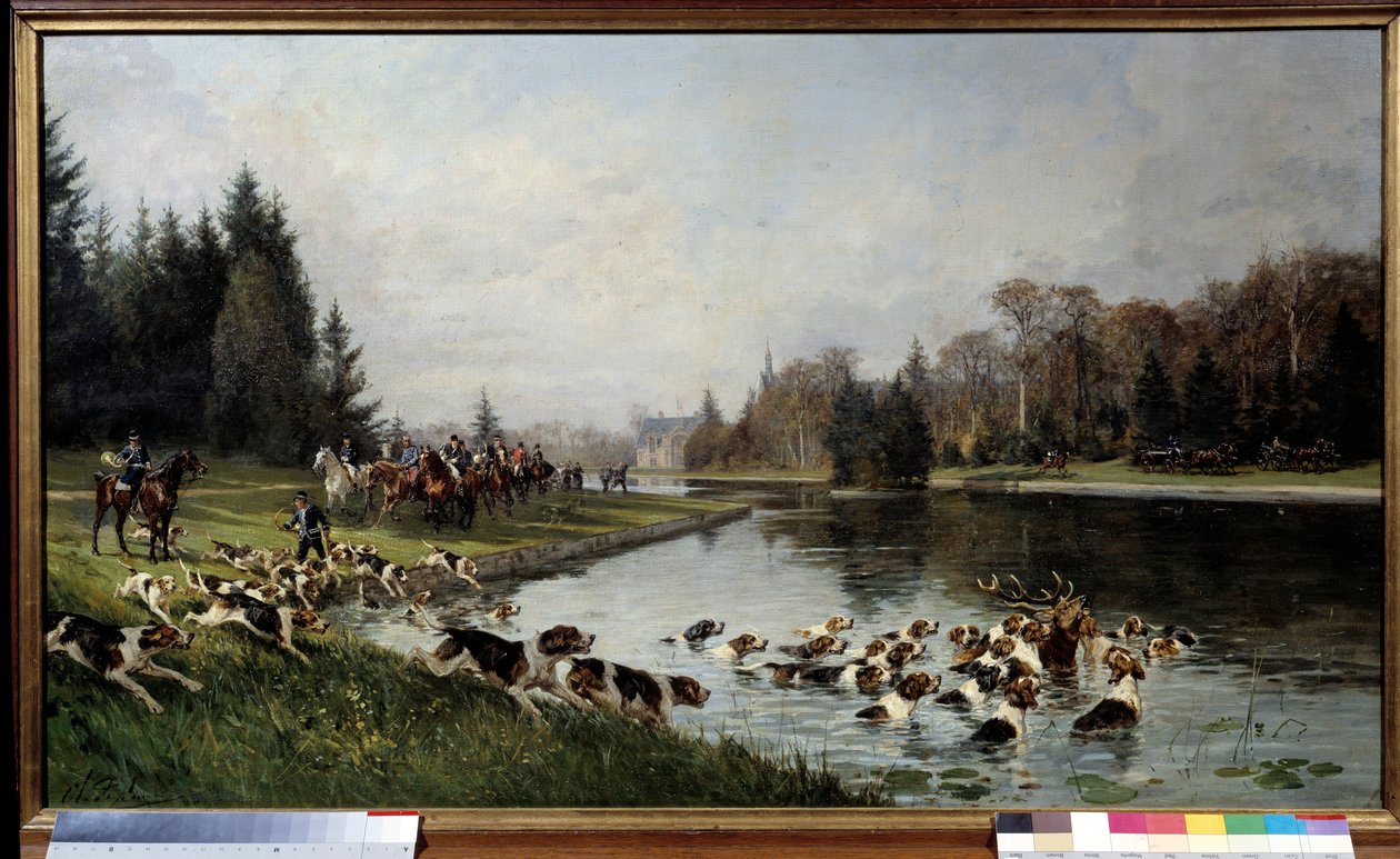 Jakt et løp: "" Hjortens hallali ved dammen til Sulvie, jakten på hertugen av Aumale"" Maleri av Charles Olivier de Penne (1831-1897) 1880 Søn. 0,77x1,33 m Chantilly, musee Conde - Jakt på hunder: Halloer av hjorten ved Sulvies dam, jakt på av Charles Oliver de Penne