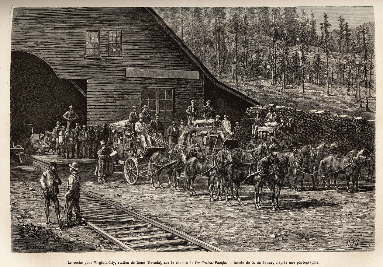 Reno-stasjonen, for å ta krysset for Virginia City (Nevada), på Central Pacific Railway (Central Pacific), gravert etter tegningen av O. de Penne, som illustrerer reisen fra Washington til San Francisco, i 1868, av L. Simonin, publisert i "Le t av Charles Oliver de Penne