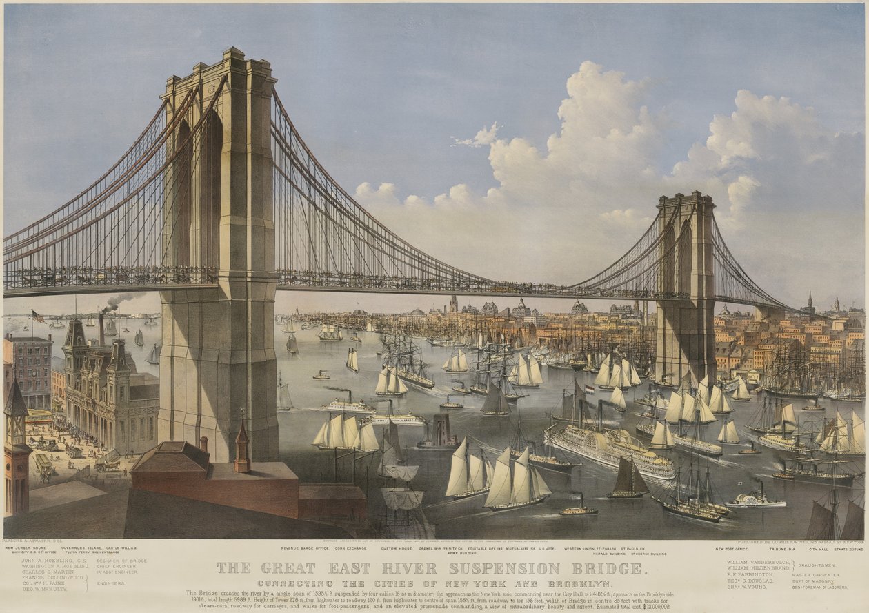 The Great East River Suspension Bridge, pub. 1874 av Currier & Ives av Charles Parsons