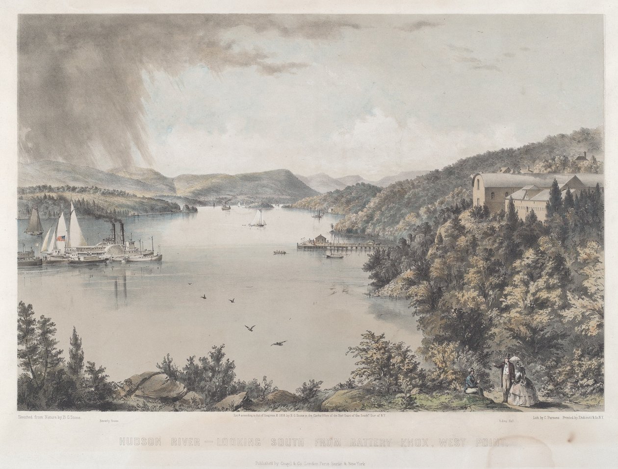 Hudson River Portfolio: Ser sørover fra Battery Knox, West Point av Charles Parsons after Benjamin Bellows Grant Stone