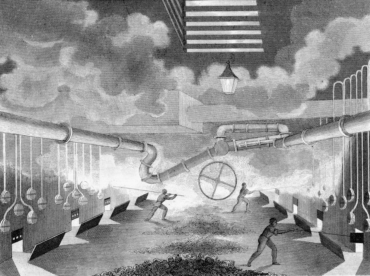 Generell visning av et gassverk, som viser retorter som lades, 1835 av Charles Partington