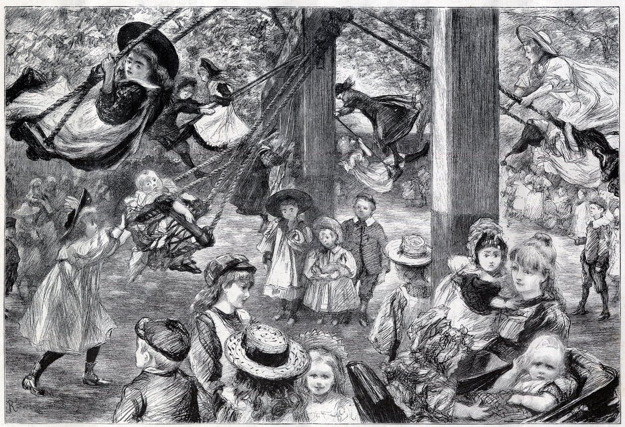 En utendørs gymsal for barn i Battersea Park, London - 1898 - tegnet fra livet av Paul Renouard av Charles Paul Renouard