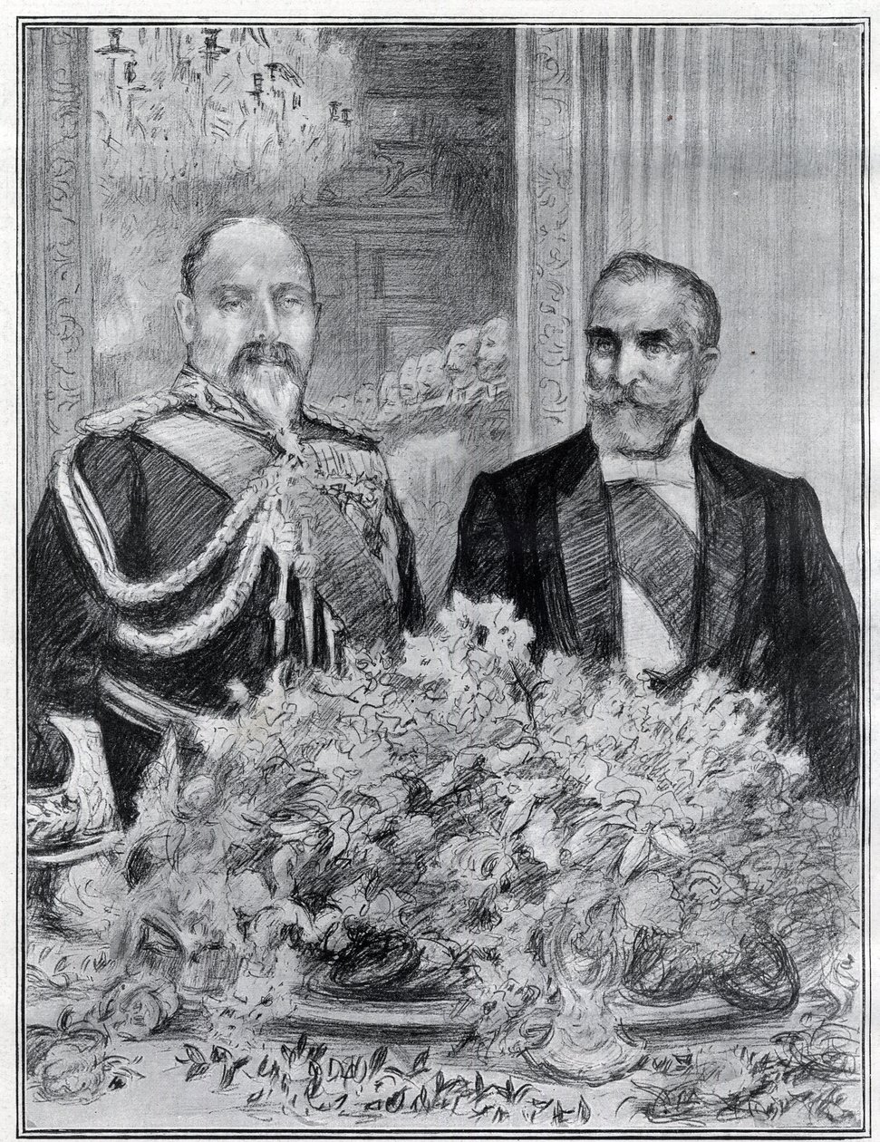 Hjertelig: den franske presidenten Emile Loubets besøk i London - banketten ved den franske ambassaden - kong Edward VII og Loubet - tegnet av Paul Renouard for avisen The Graphic. juli 1903. av Charles Paul Renouard