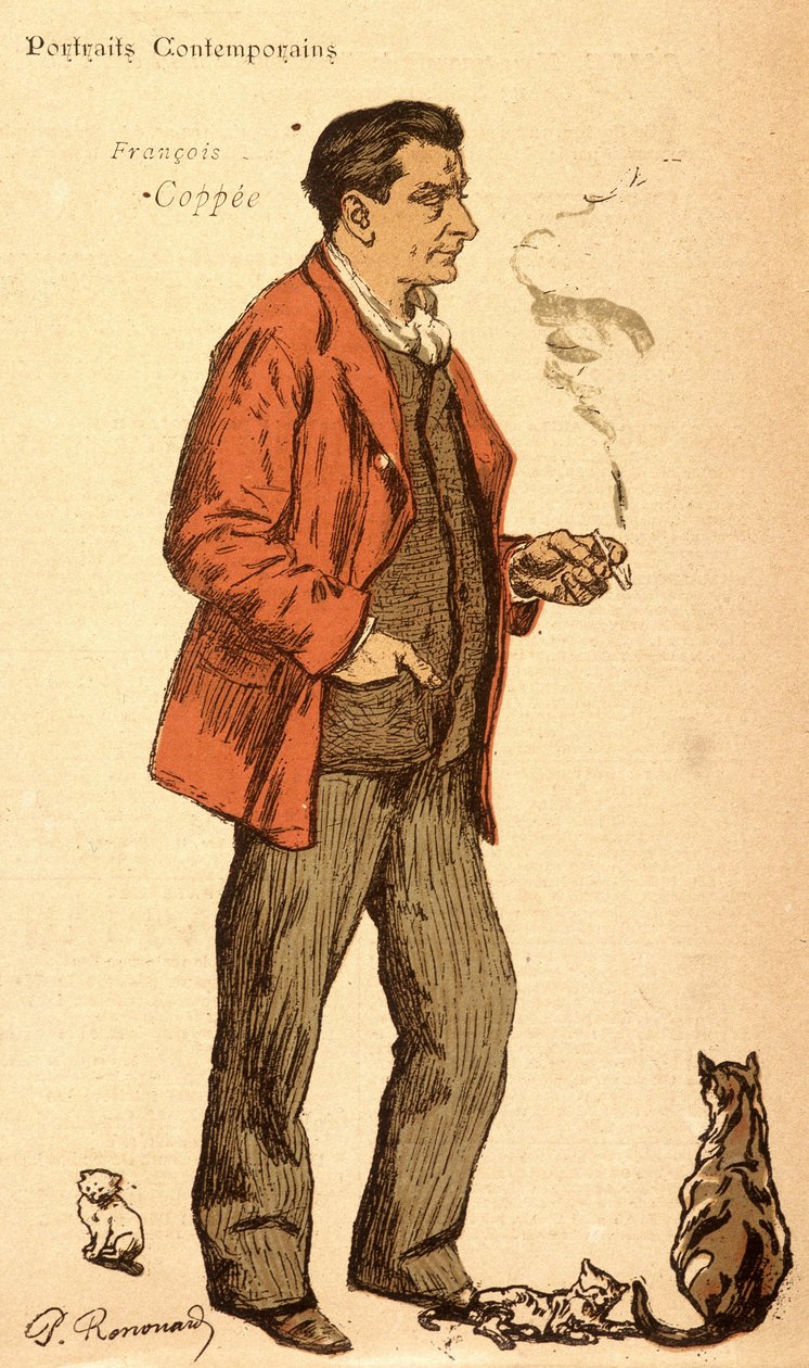 François Coppée røyker en sigarett og med katter av Charles Paul Renouard