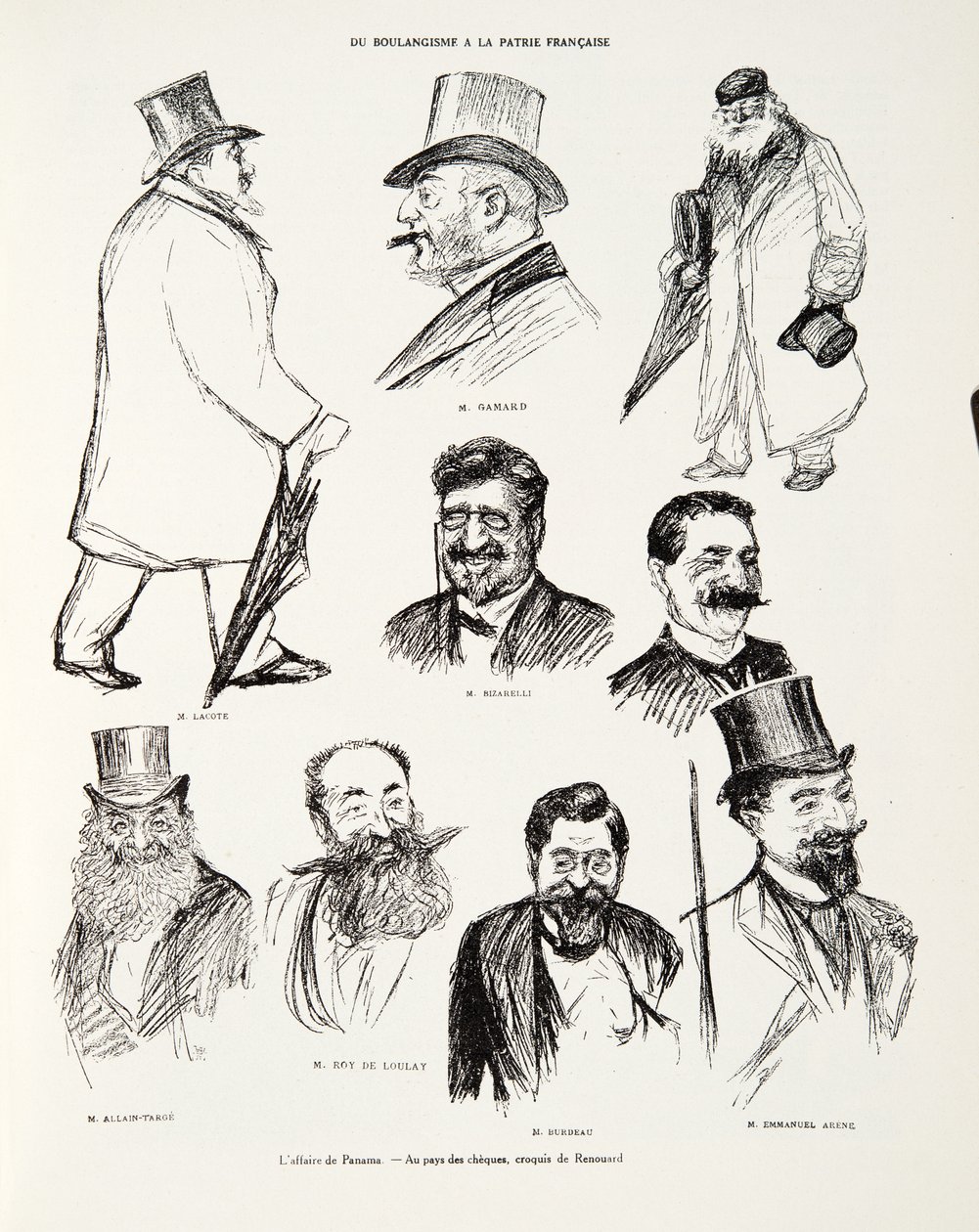 The Panama Affair - In the land of checks, skisser av Renouard, fra Histoire de la Troisieme Republique, Vol. I, Politisk historie, pub.1933 av Charles Paul Renouard