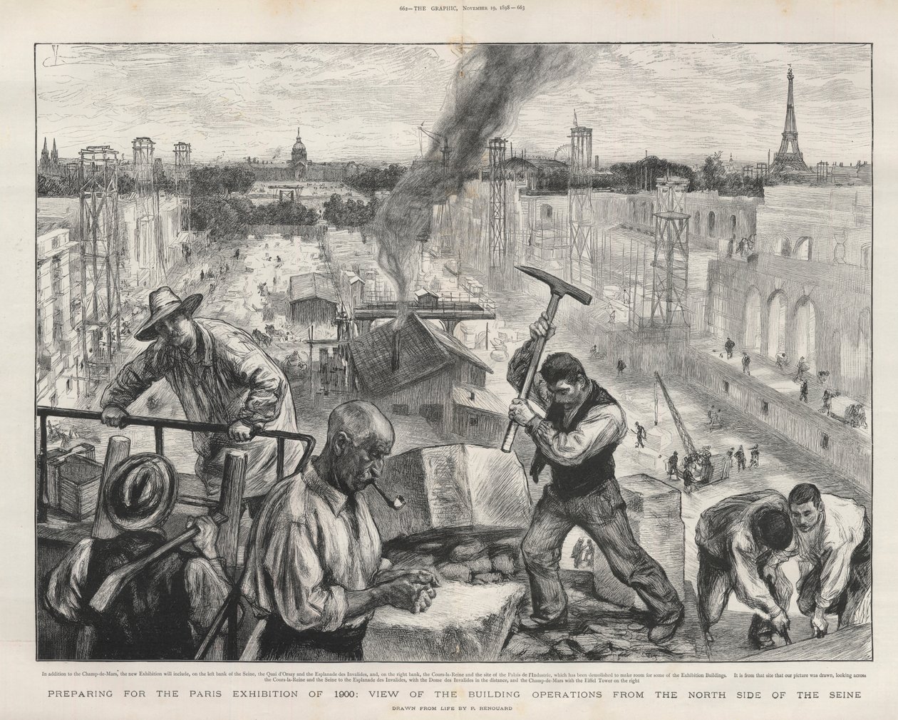Forberedelse til Paris-utstillingen i 1900: utsikt over bygningsdriften fra nordsiden av Seinen. av Charles Paul Renouard