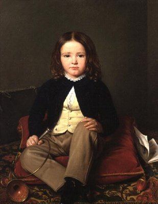 Portrett av en gutt som sitter på en pute som holder et horn av Charles Paulin Francois Matet