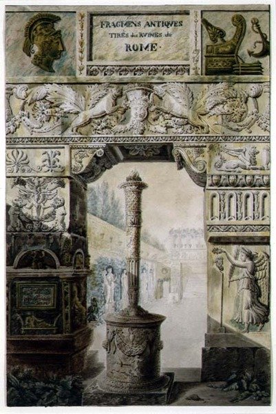 Antikke fragmenter fra det antikke Roma, design for en tittelside fra puben "Palasser, hus og andre moderne bygninger, tegninger i Roma" av Charles Percier og Francois Leonard Fontaine (1762-1853). Paris av Charles Percier