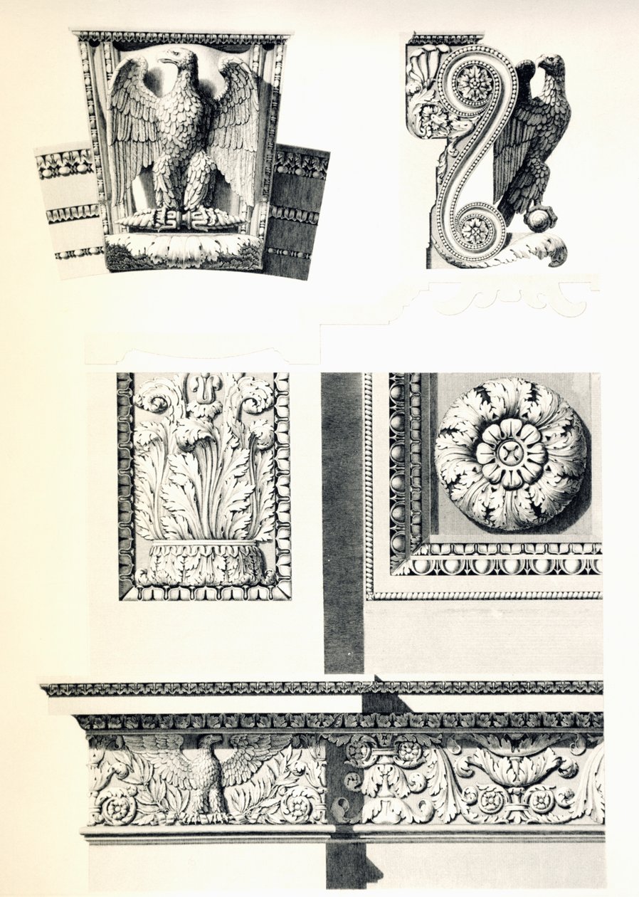 Dekorasjon med ørn, rosetter og akantusblader for Arc de Triomphe du Carrousel, av Charles Percier (1764-1838) og Pierre Francois Leonard Fontaine (1762-1853), gravering av Louis Pierre Baltard (1764-1846), detalj, Frankrike av Charles Percier