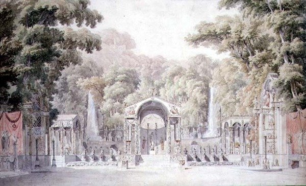 Design for et scenesett med et Venus-tempel i en skogkledd hage for Gretrys "Anacreon" av Charles Percier