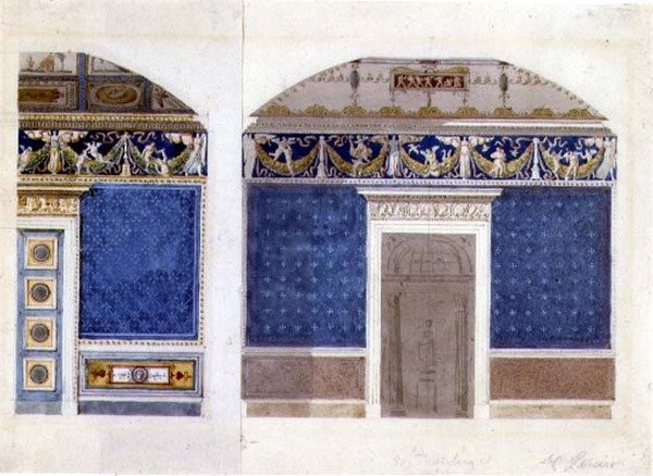 Design for interiør i et Empire-palass, ca. 1810 (akvarell og gouache på papir) av Charles Percier