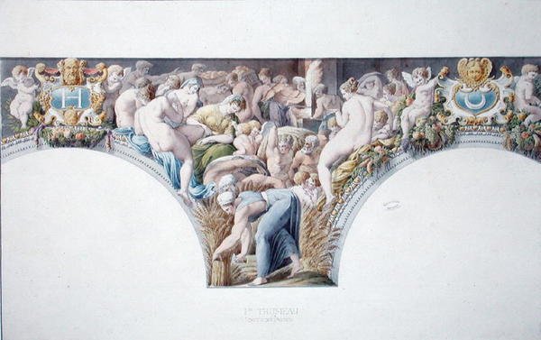 Ms 1014 Frise fra ballsalen på Fontainebleau, tallerken fra et album (akvarell og blyant på papir) av Charles Percier