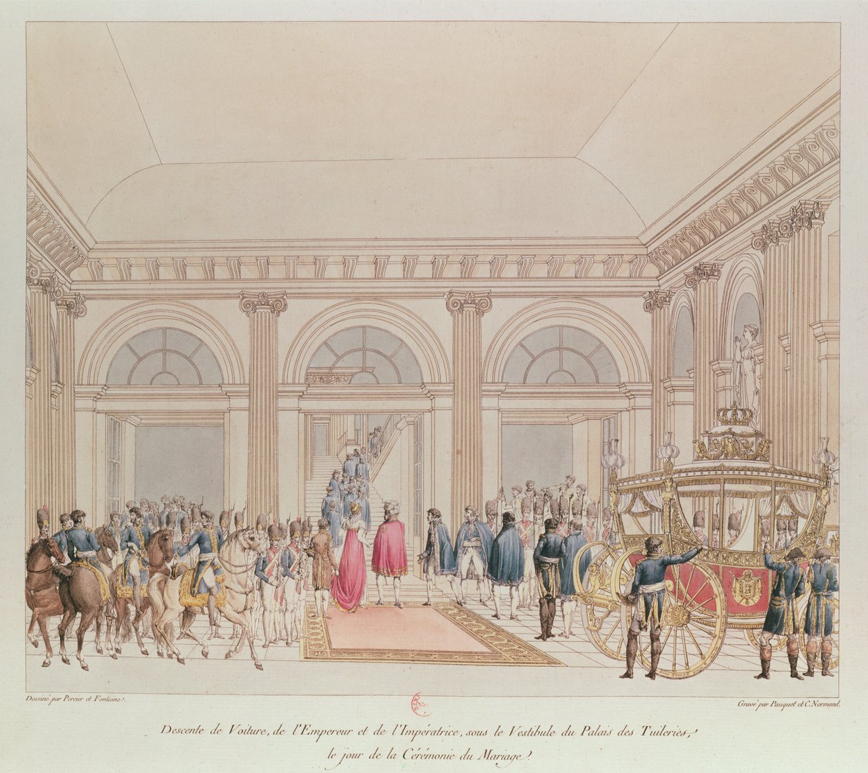 Nedstigningen til keiseren og keiserinnen fra vognen under vestibylen til Tuileries-palasset på dagen for deres ekteskap (fargegravering) av Charles Percier