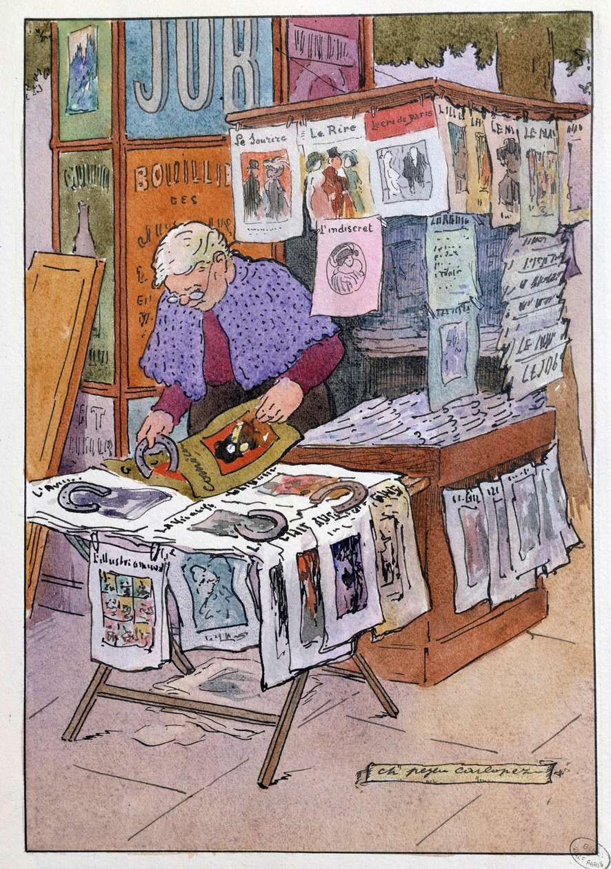 Small Metiers of Paris: kiosken har aviser. Tegning av Charles Pezeu dit Carlopez (20. århundre) av Charles Pezeu Carlopez